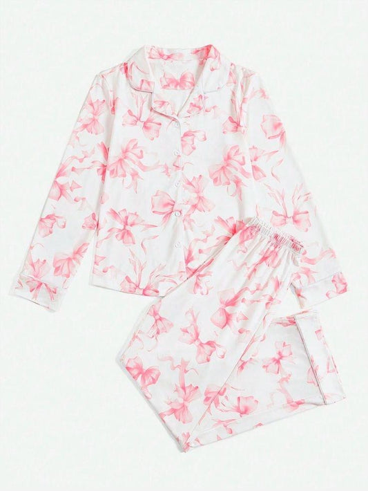 Adult women pink bow button down long sleeve pajama set