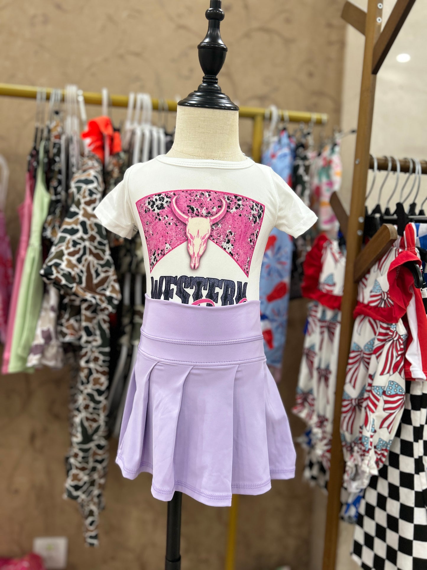 Girls western babe shirt matching lavender yoga skirt summer outfit