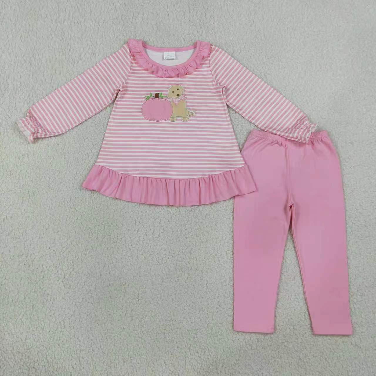 Boy long sleeve fall pumpkin  embroidery top matching pants sister brother fall outfit