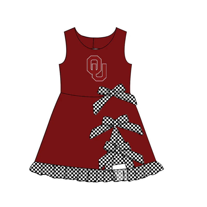 Girls Sleeveless Checked Bow Scallop Edge Ruffle Shorts Liner Knee Length Yoga Dress