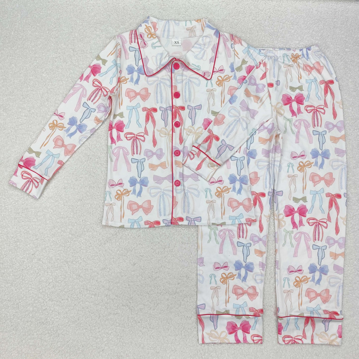 Adult women colorful bow long sleeve button down fall winter pajama set clothes