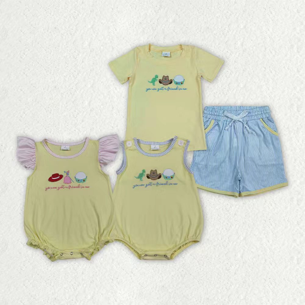 Embroidery Dinosaur top matching shorts boy summer outfit