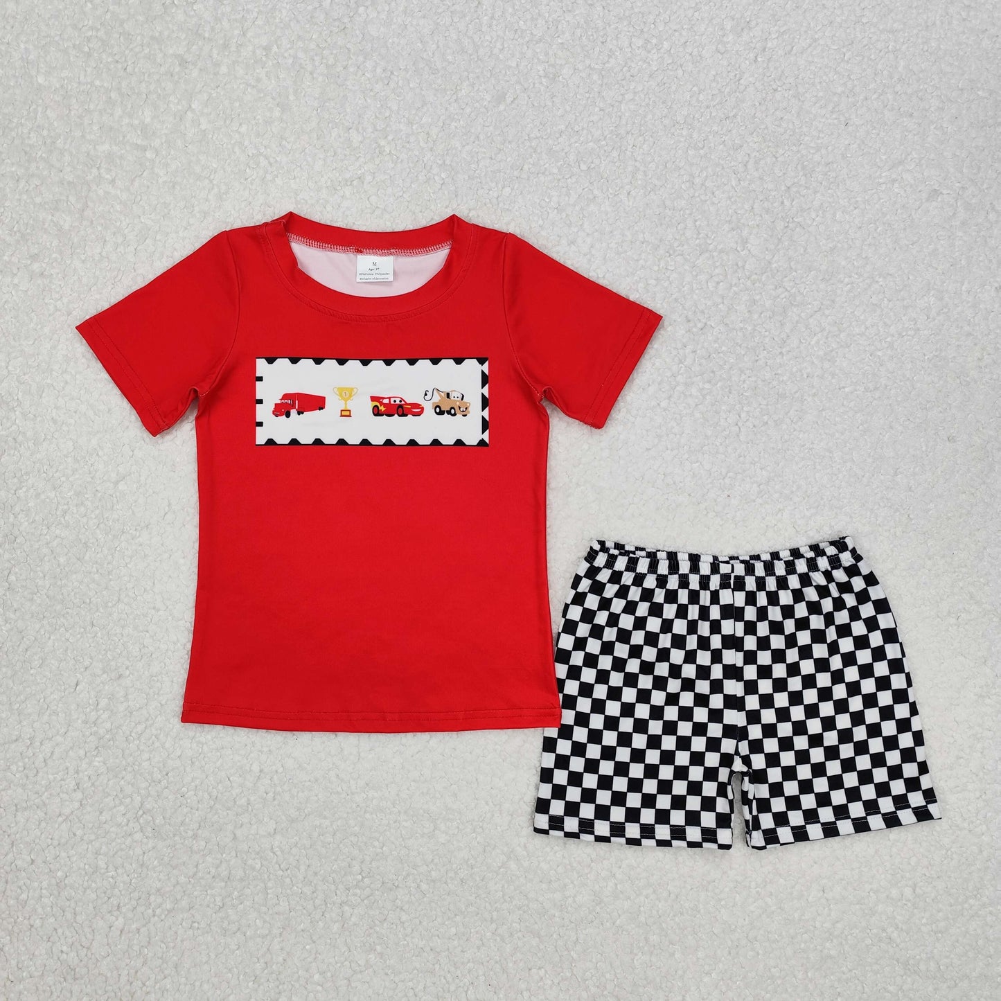 Cartoon car red top black checkered shorts baby boy matching outfit