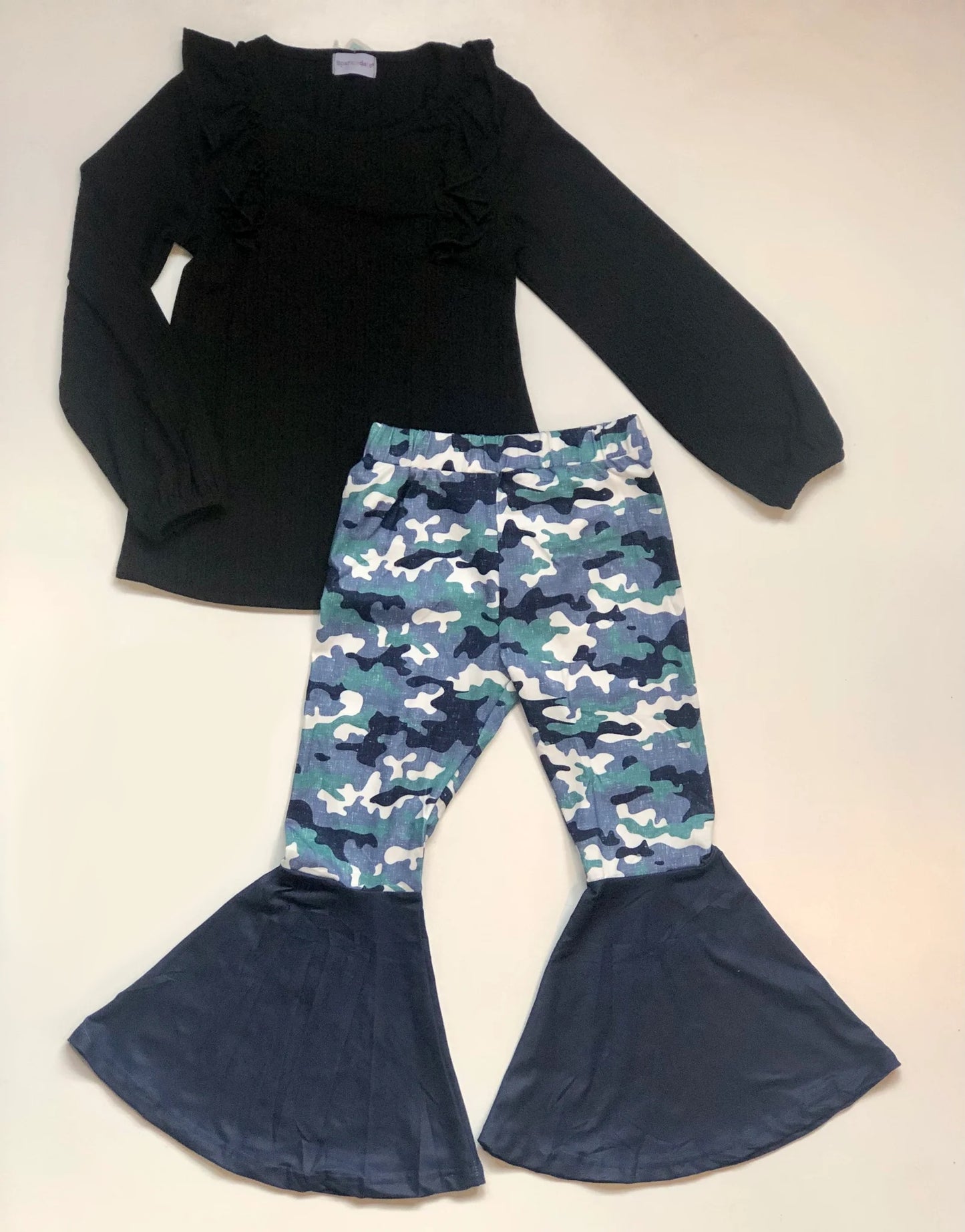 black long sleeve shirt camo bell bottoms outfit