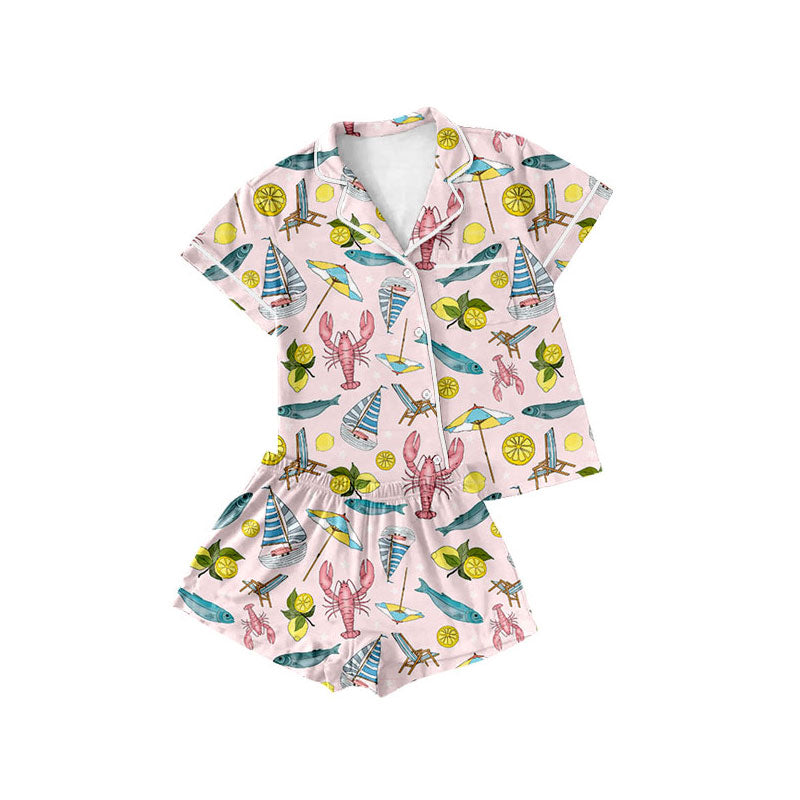 Crawfish design kids girls short sleeve pajama set wholesal factory price