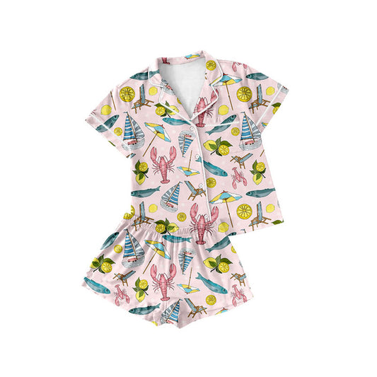 Crawfish design kids girls short sleeve pajama set wholesal factory price