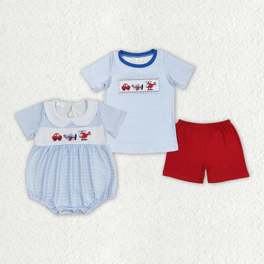 sister brother blue stripes embroidery car plane matching clothes