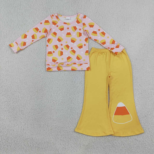 Long sleeve Halloween candy corn top matching pants girl wholesale factory price outfit