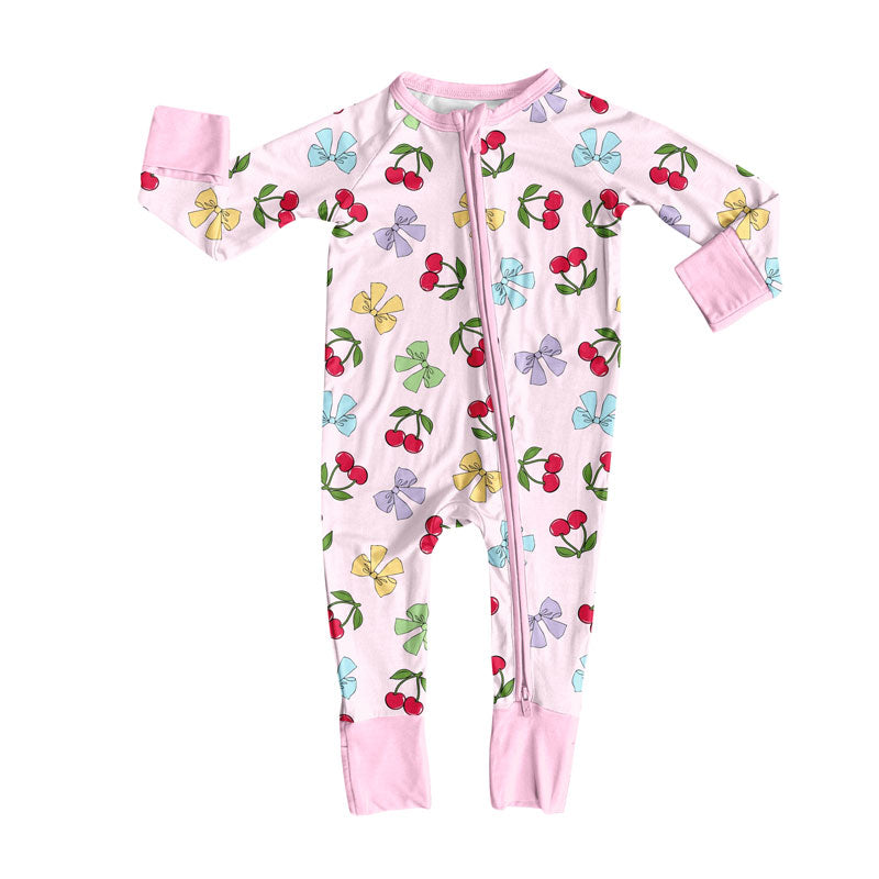 toddle baby Cherry bows long sleeve zip romper wholesale factory price