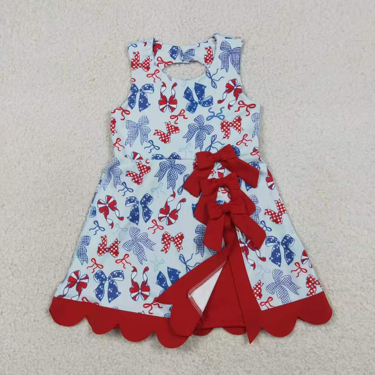 Red blue bow print girls summer active wear set