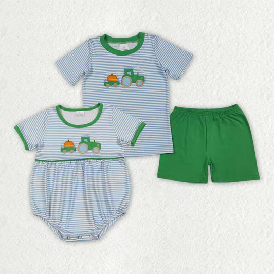 Toddle boy embroidery pumpkin tractor short sleeve matching outfit set