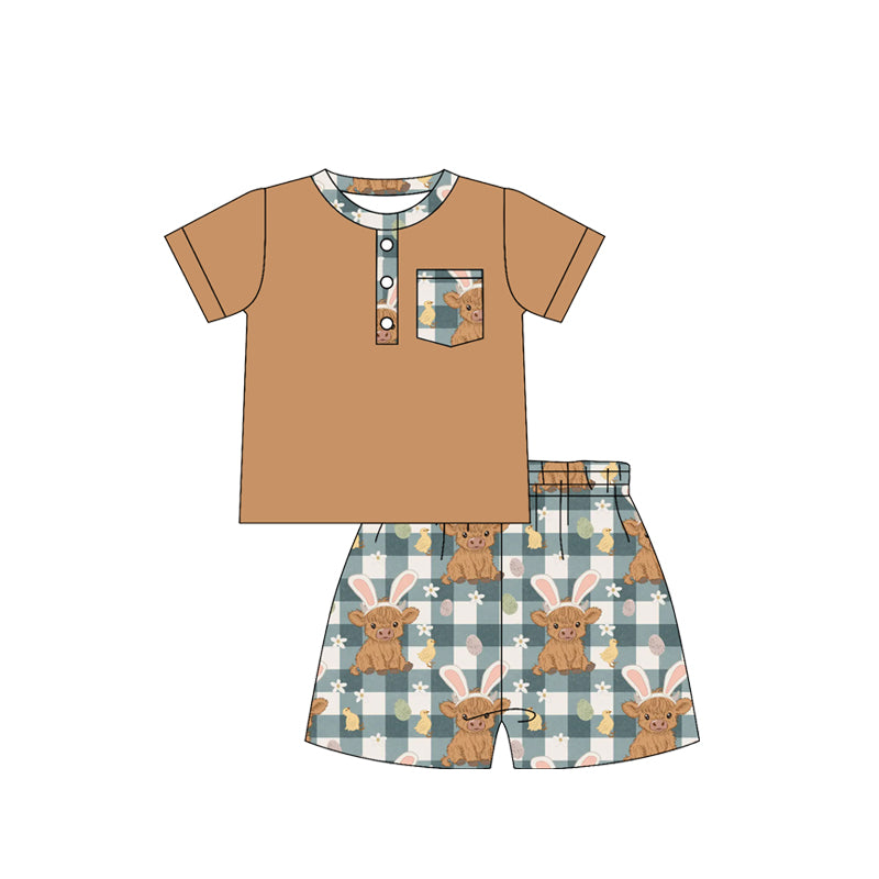 Highland cow easter top matching shorts kids boy outfit