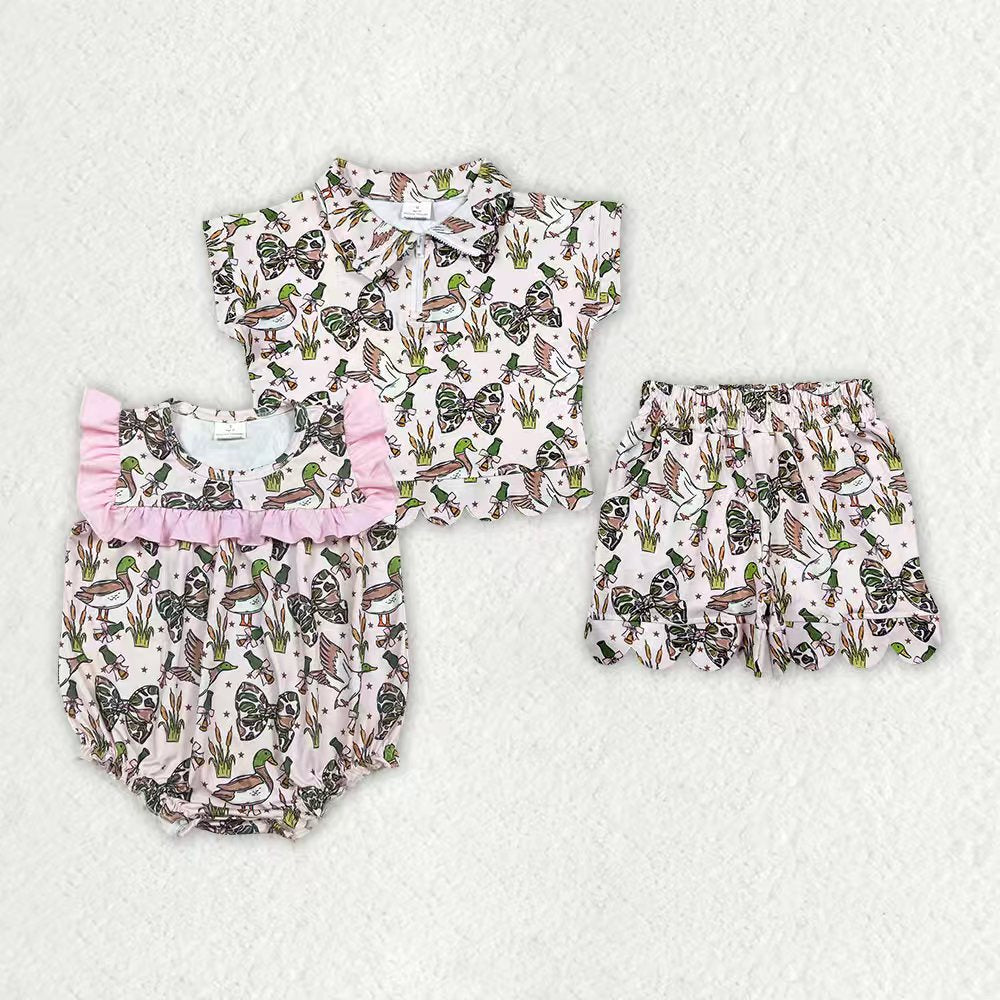 Green camo bow duck pullover op matching shorts  SET toddle baby girl ROMPER