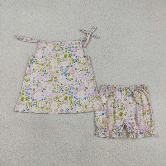 Lavender blue floral shirt matching shorts girls summer outfit