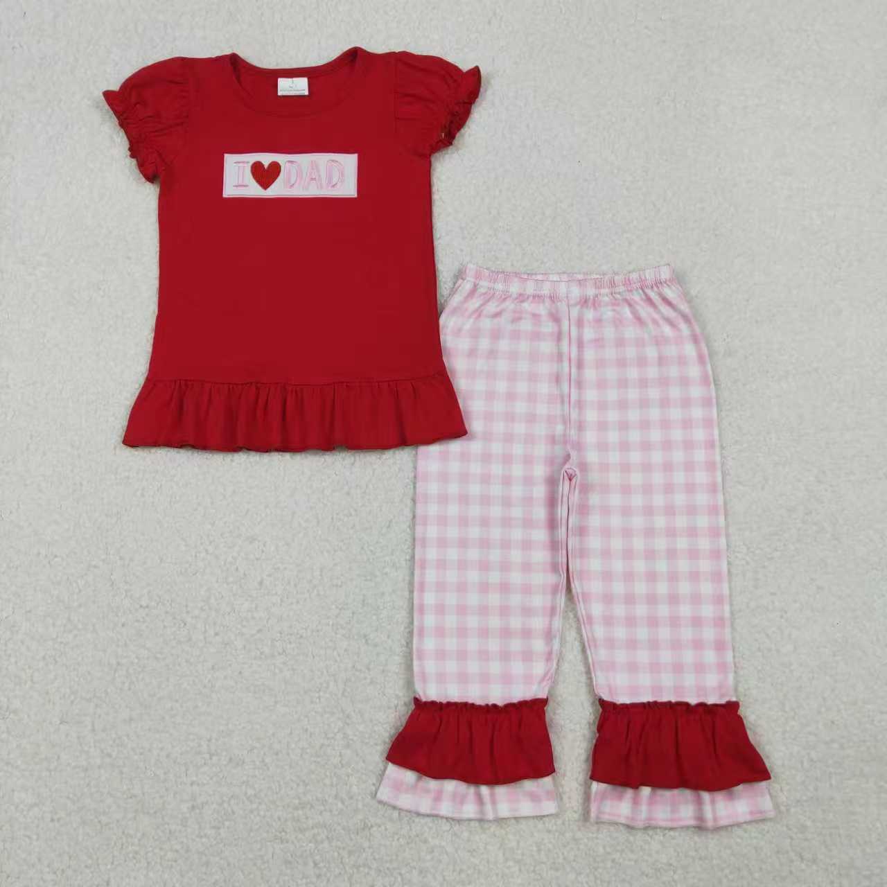 embroidery I LOVE mom red shirt pink  plaid pants girls outfit