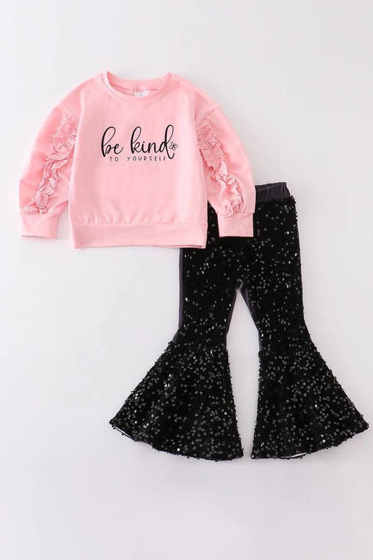 be kind to yourself top black sequins pants outfit