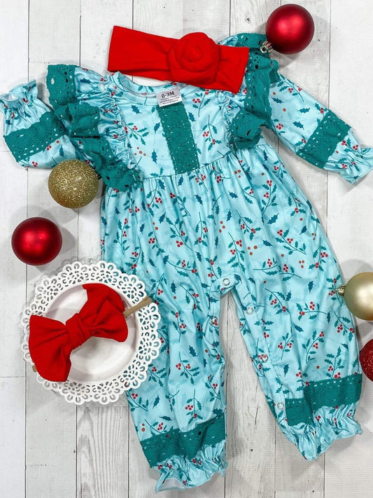 Christmas long sleeve lace ruffle romper