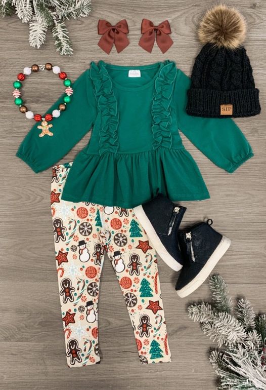 baby girls Christmas green top matching pants outfit  moq 3