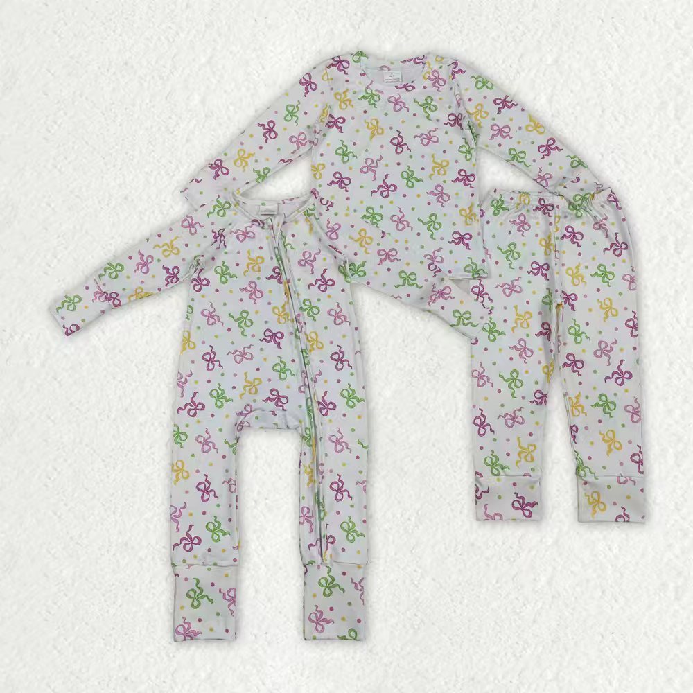 Mardi Gras lavender bows print girls long sleeve outfit