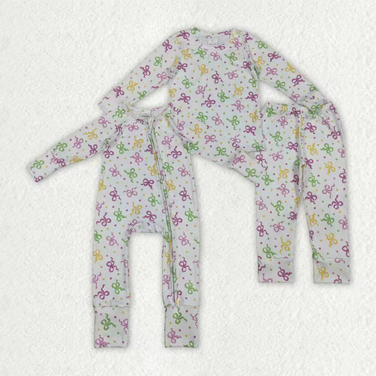 Mardi Gras lavender bows print girls long sleeve outfit