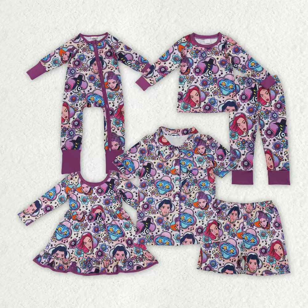 Cartoon floral design kids long sleeve top matching pants girls pajama set