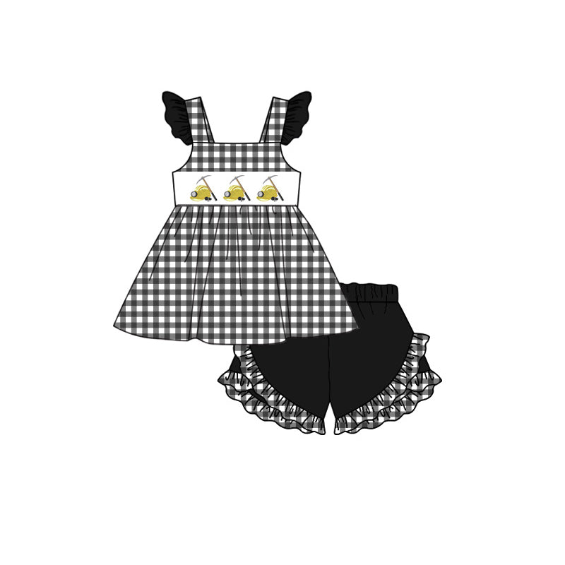 Black plaid top matching shorts custom design girls summer outfit