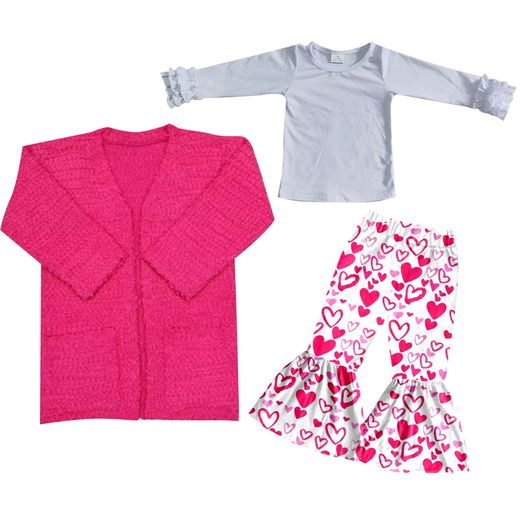 baby girl long sleeve hot pink cardigan matching  3pcs bell pants valentines day outfit