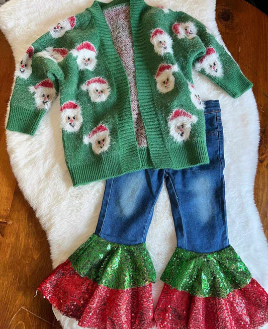 Christmas santa claus sweater cardigan coat sequins ruffle jeans pants 2pcs outfit