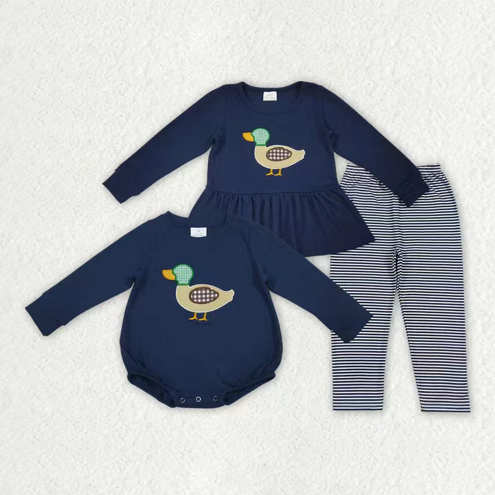 Embroidery Mallard duck girls long sleeve matching outfit