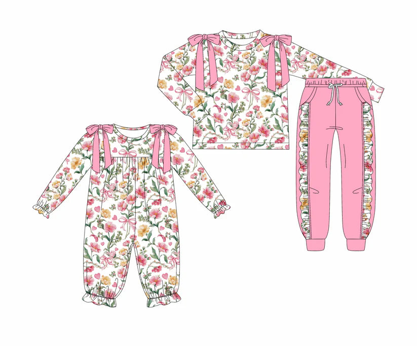 Pink floral baby long sleeve matching clothes whoesale price