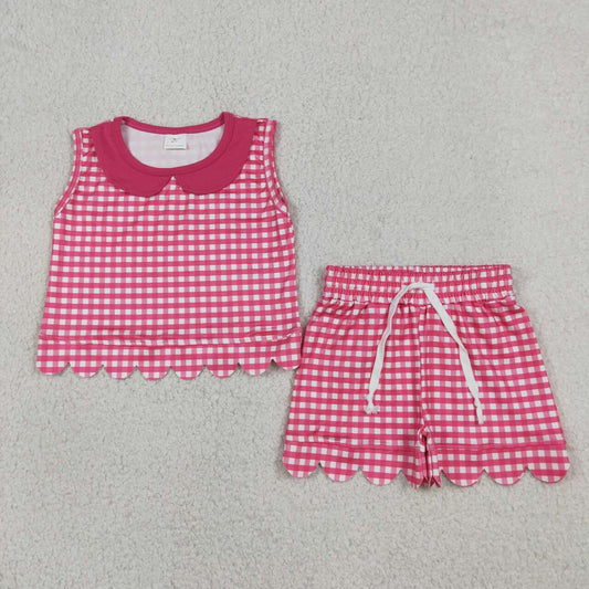 Hot Pink plaid top matching shorts girls summer outfit