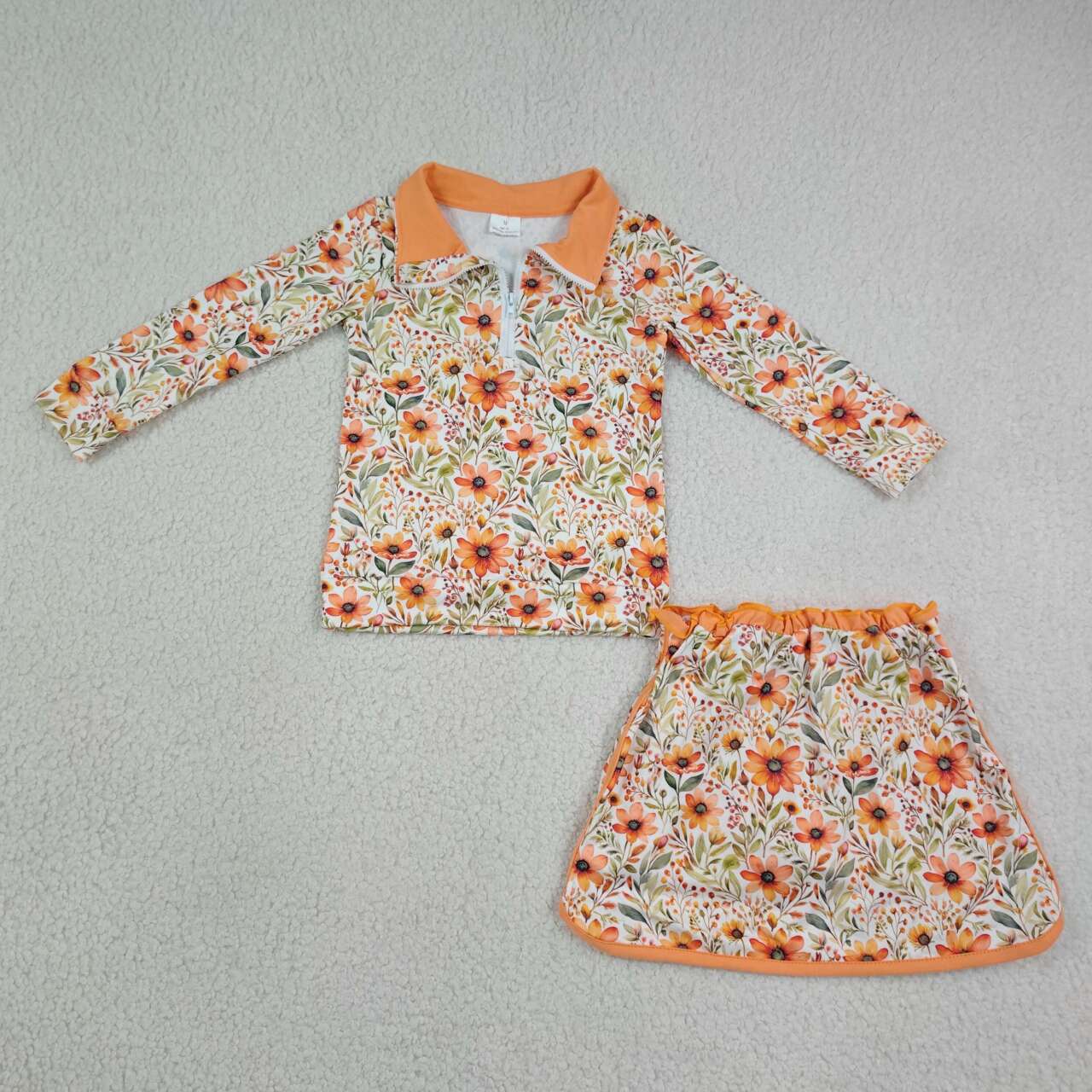 Orange flowers long sleeve pullover top matching skorts girls outfit