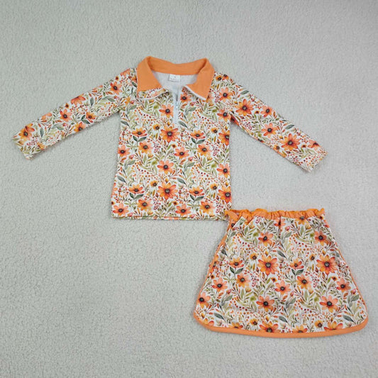 Orange flowers long sleeve pullover top matching skorts girls outfit