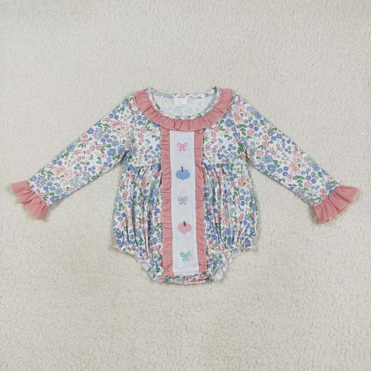 USA SHOP Embroidery Pink blue pumpkin floral baby long sleeve romper
