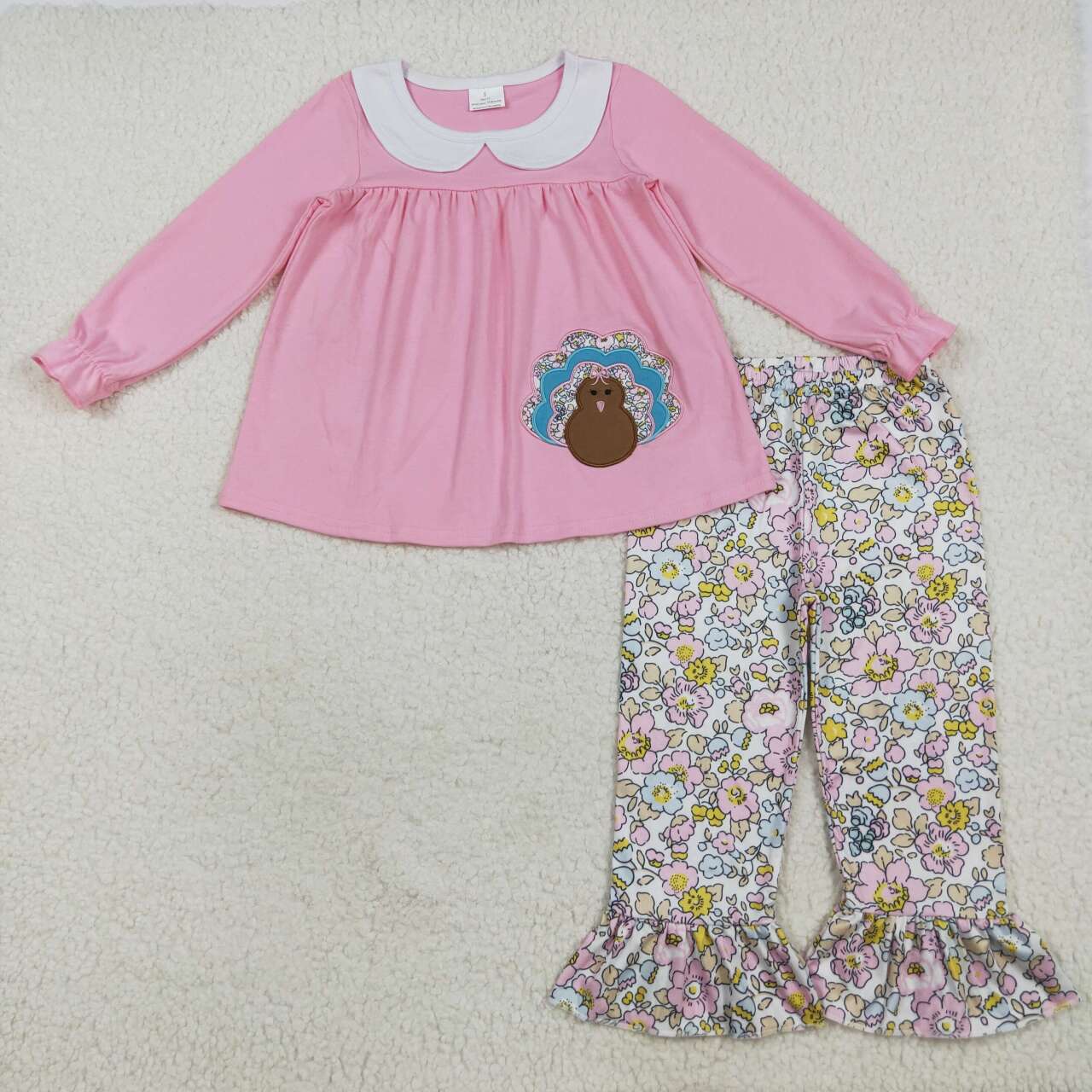Baby girls embroidery Thanksgiving turkey tunic top matching pants clothes