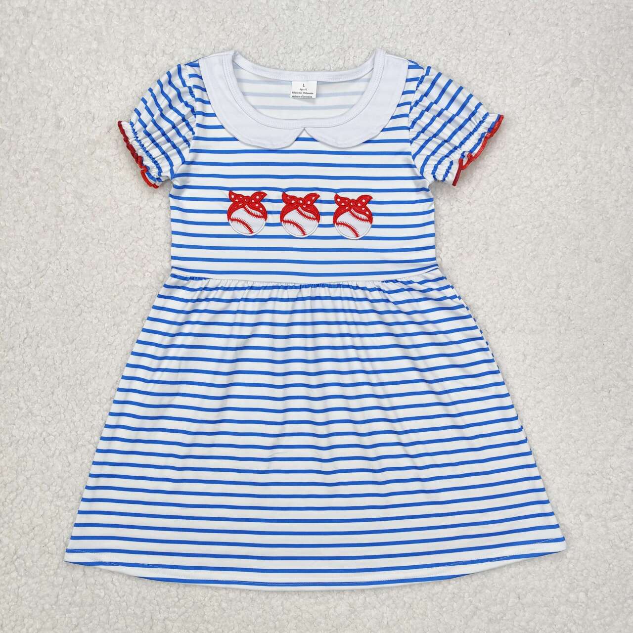 Infant baby girl blue stripes embroidery baseball game day dress