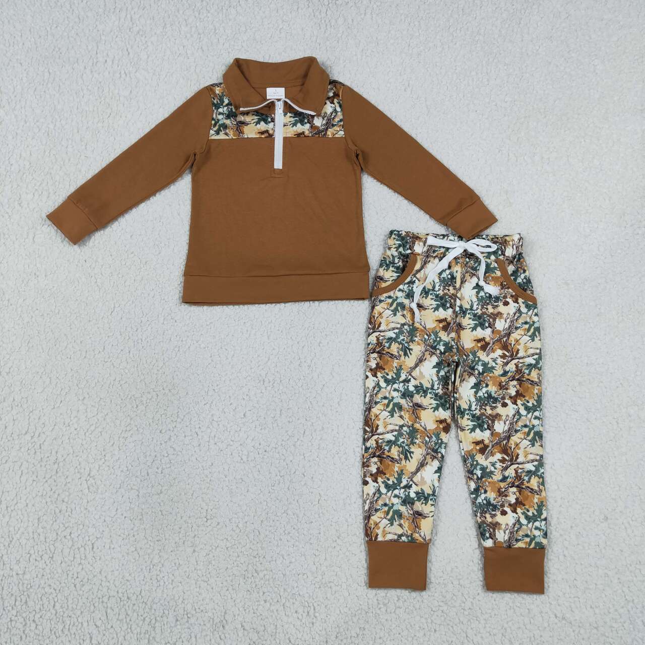 Brown long sleeve pullover matching pants boy spring fall outfit
