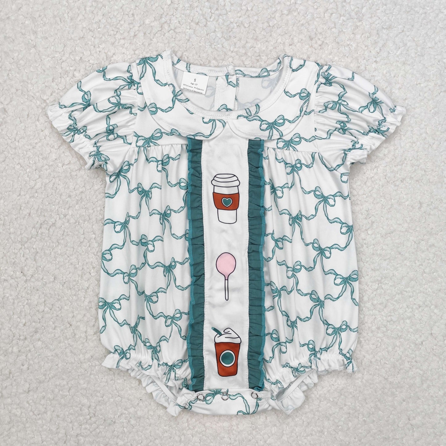 Toddle baby girl green bow coffee print romper