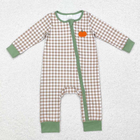 newborn baby boy embroidery fall pumpkin zip romper