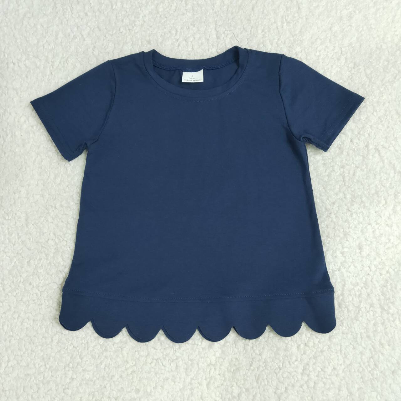 Navy color kids girls short sleeve scalloped cotton top