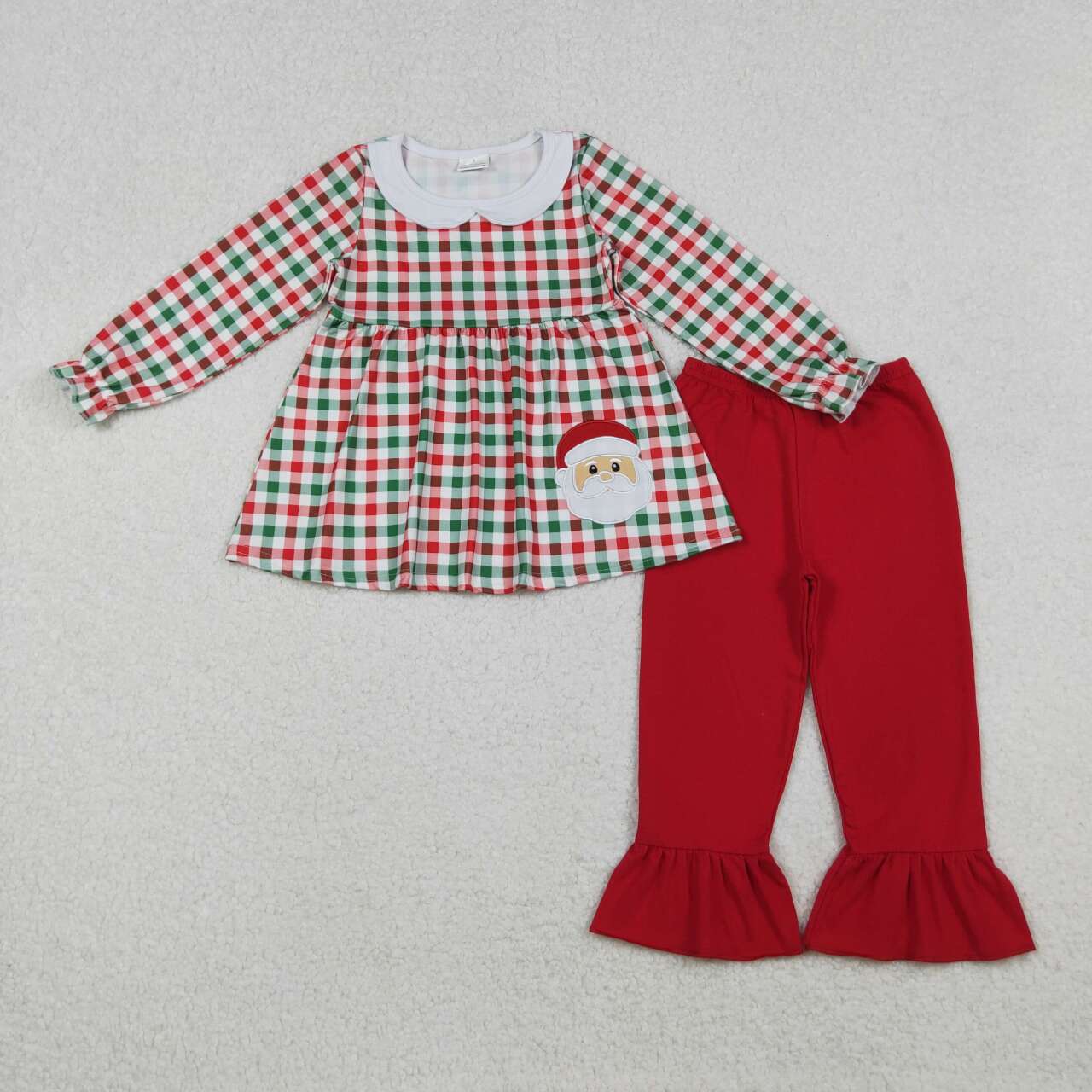 Christmas embroidery Santa Claus green red plaid long sleeve outfit