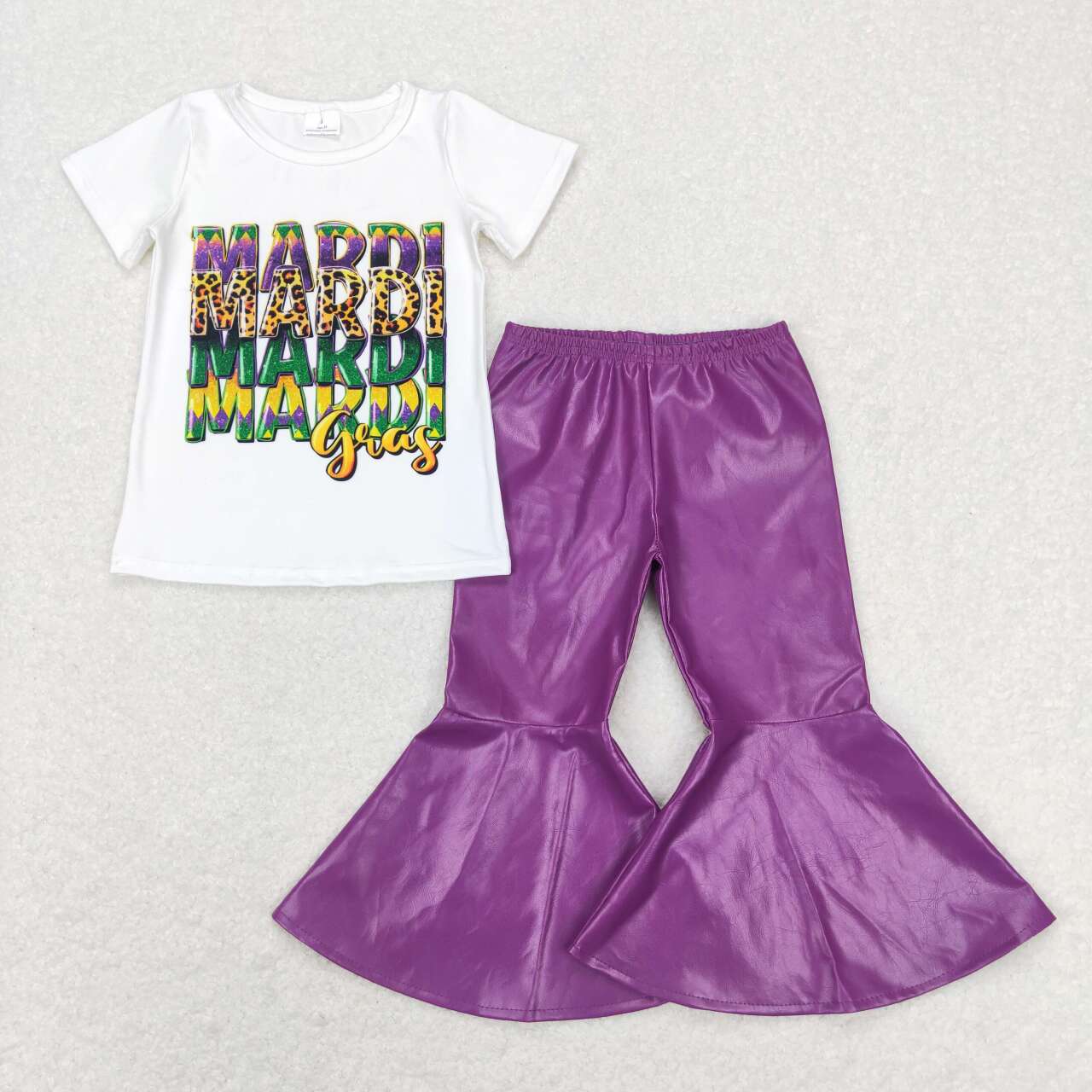 baby girls mardi gras shirt matching purple pu leather bell bottoms outfit