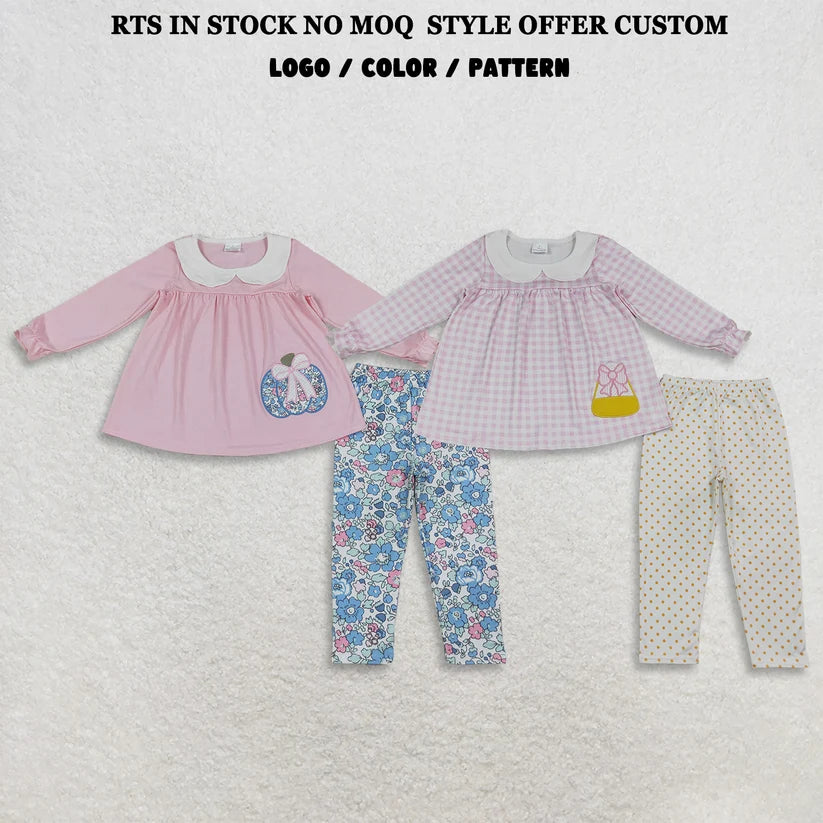 Blue floral embroidery pumpkins long sleeve tunic top matching leggings girls outfit
