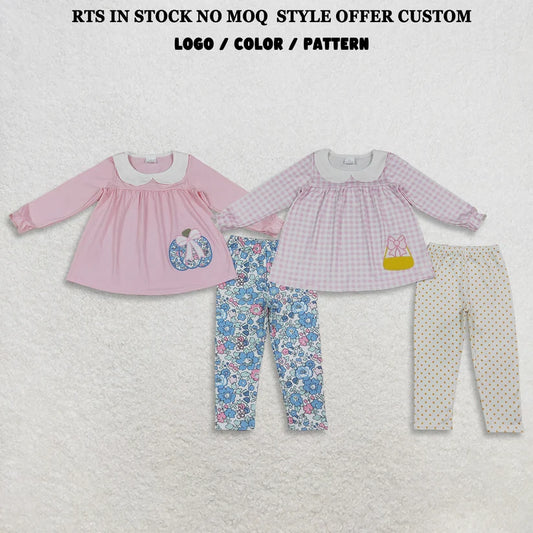 Blue floral embroidery pumpkins long sleeve tunic top matching leggings girls outfit