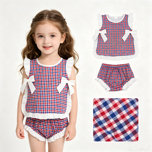 July 4th red blue plaid design girls summer bummies outfit