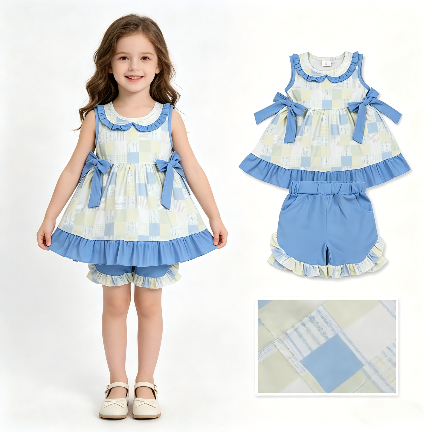 Blue bow top matching shorts girl summer outfit