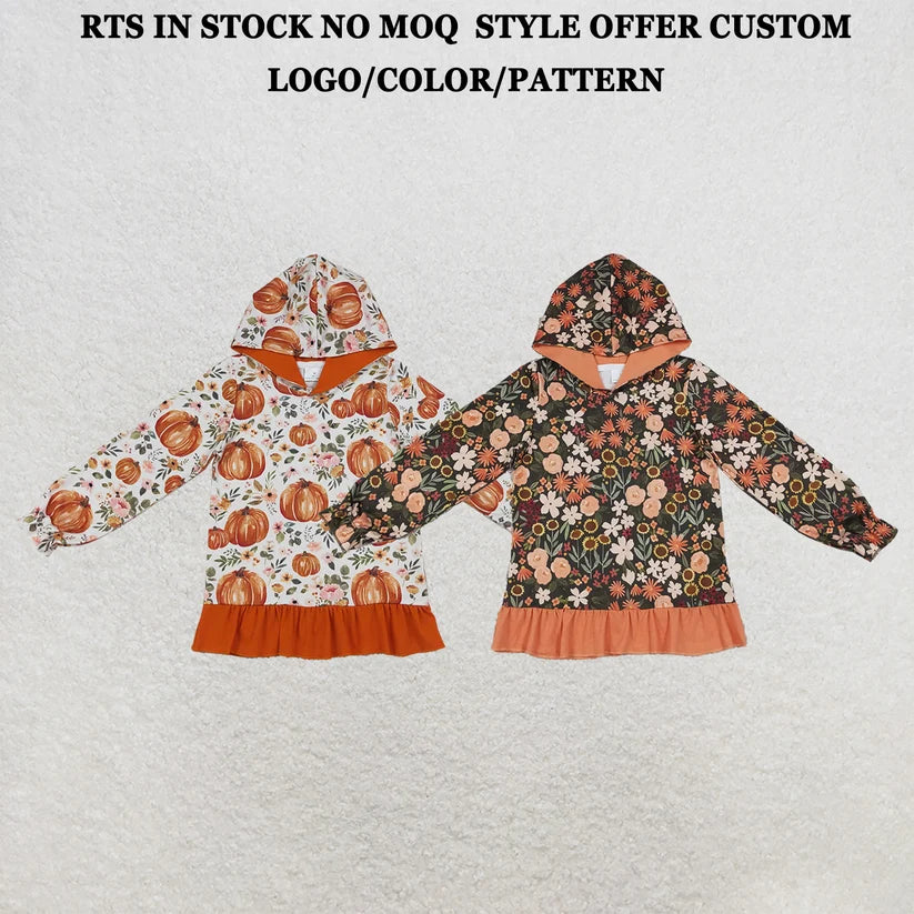 Orange flowers print girls long sleeve hoodie top