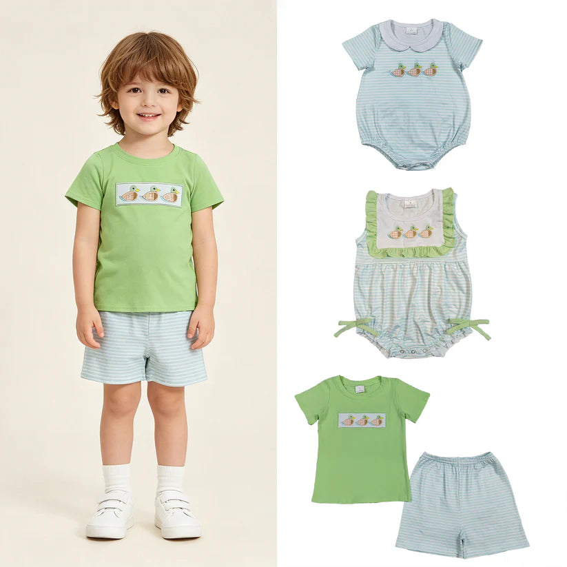 Embroidery Mallard duck top matching shorts boy summer outfit