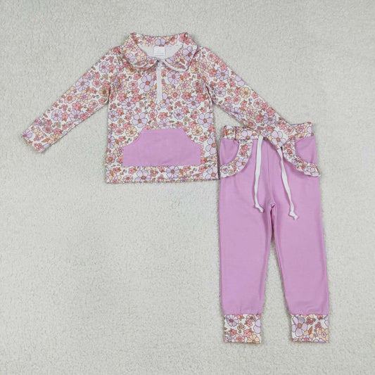 Lavender floral design kids girls long sleeve outfit