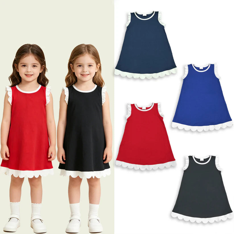 Navy color white ruffle girls summer dress